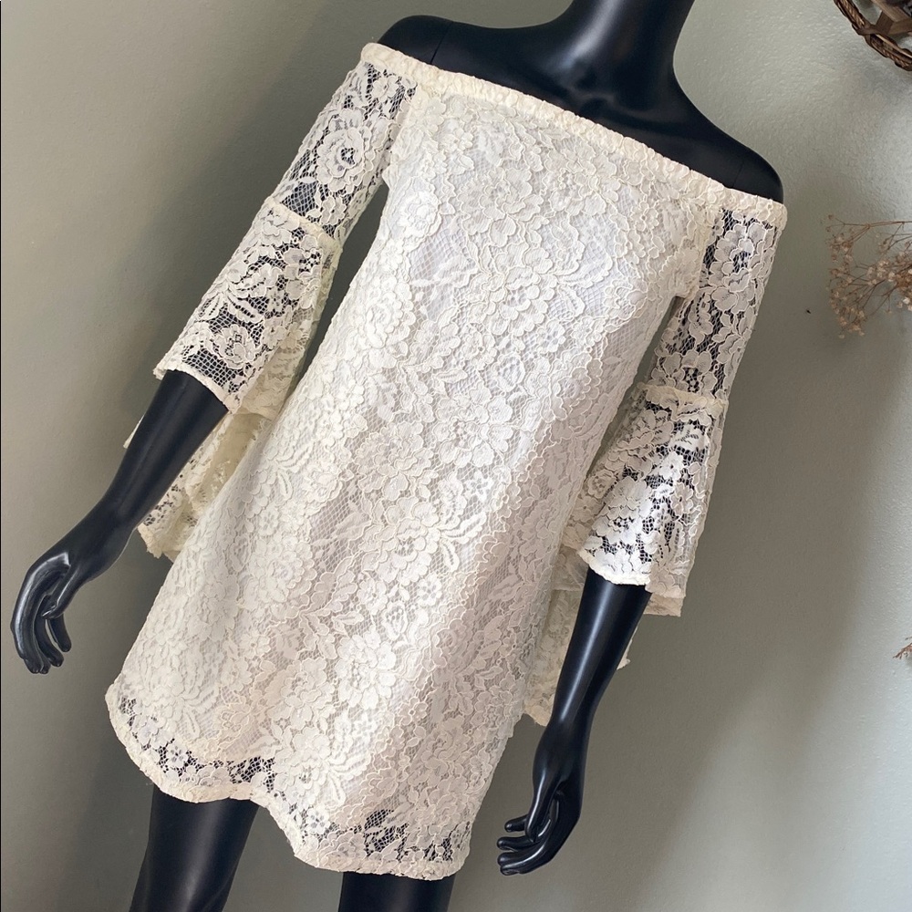 Wayf Cream Lace Off-Shoulder Angelic Dress - Picture 3 of 12